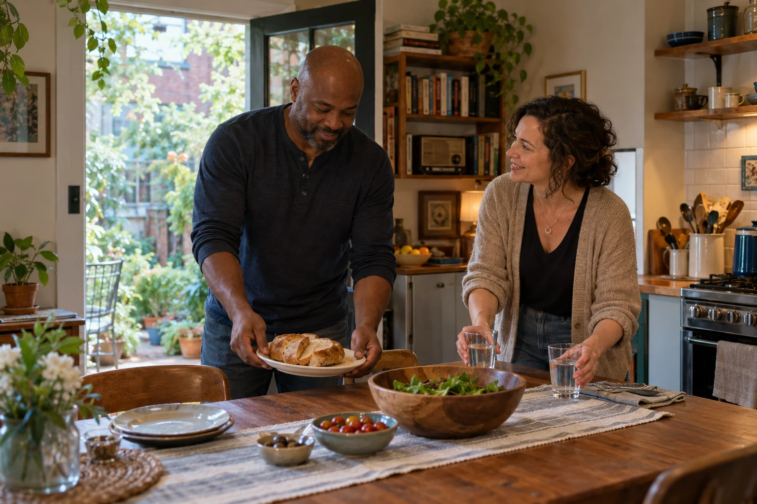 The familiar company inside a week Two adults prepare a small meal, one carrying a plate of sliced bread while the other places water glasses on a dining table.