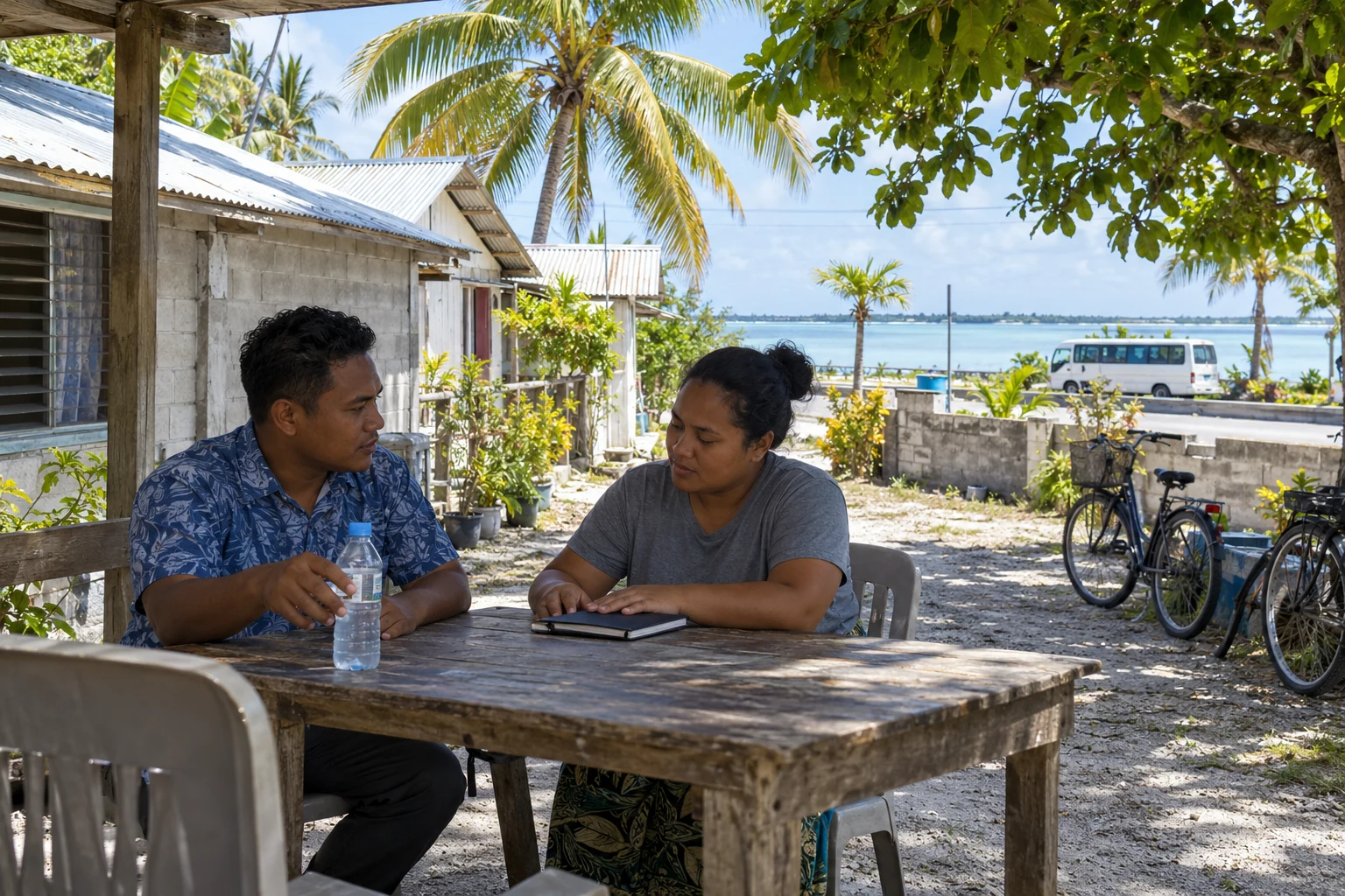 A conversation beside a South Tarawa shore road Two adults talk at a wooden table with a notebook and water bottle, with bicycles and a minibus beside the shore behind them.