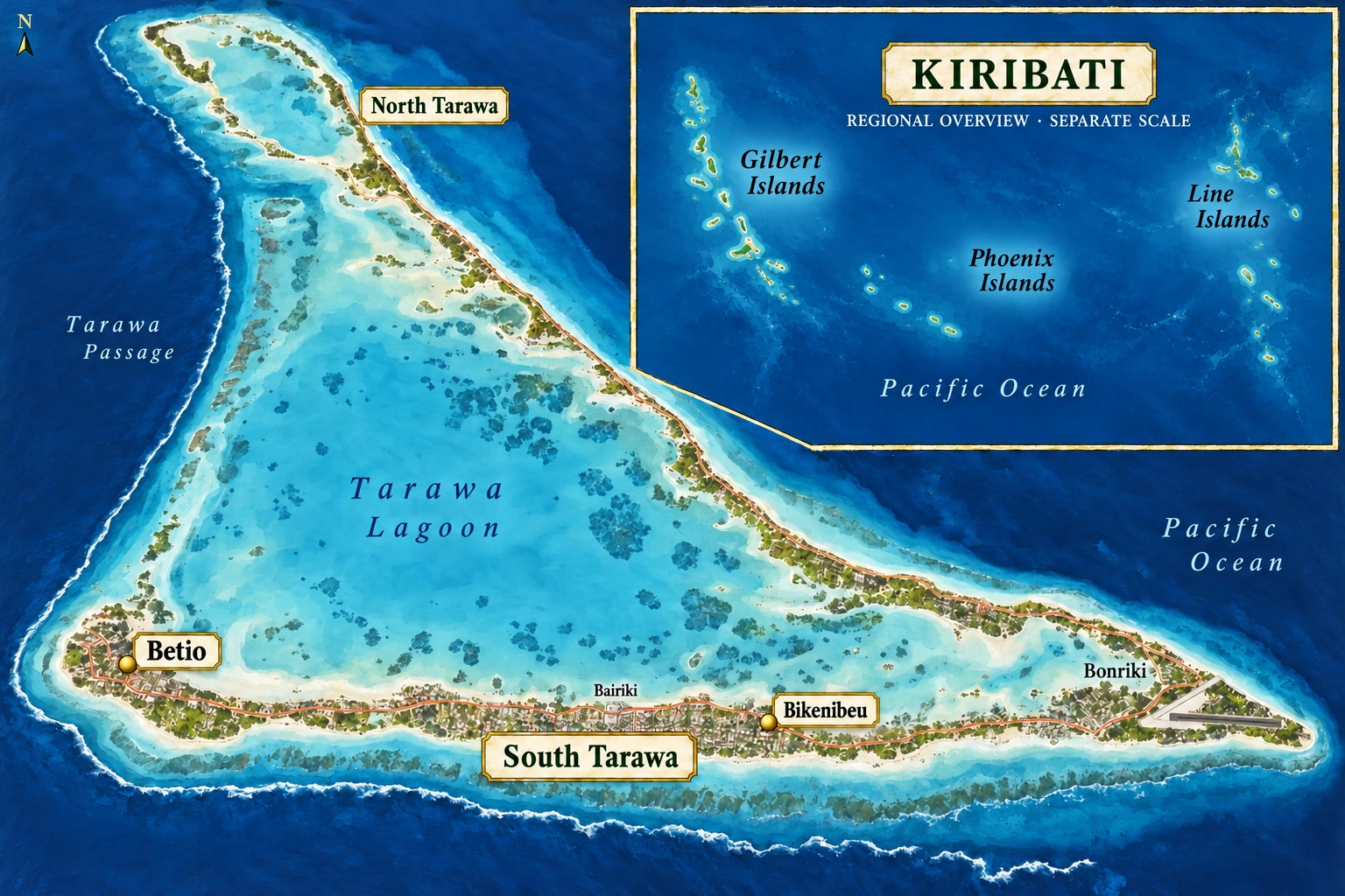 South Tarawa within a much wider island country Detailed Tarawa atoll atlas marking Betio and Bikenibeu along the southern strip, with a separate Kiribati overview of three island groups.