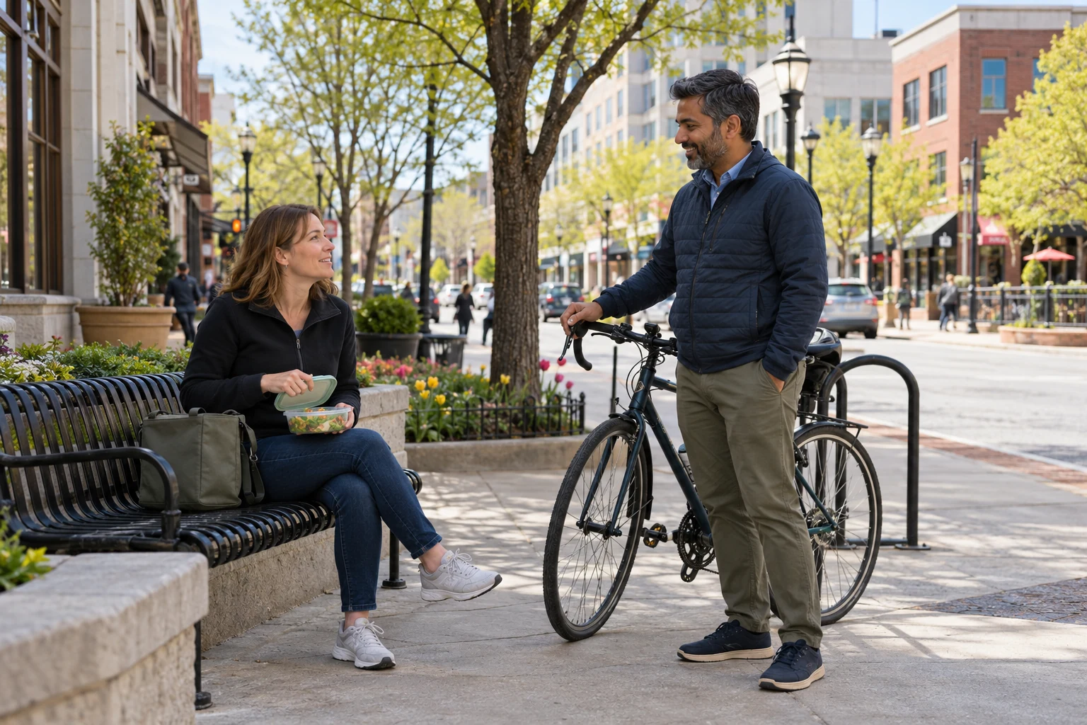 A lunchtime pause in Towson One adult opens a lunch container on a public bench while another stands beside a bicycle on a leafy downtown street.
