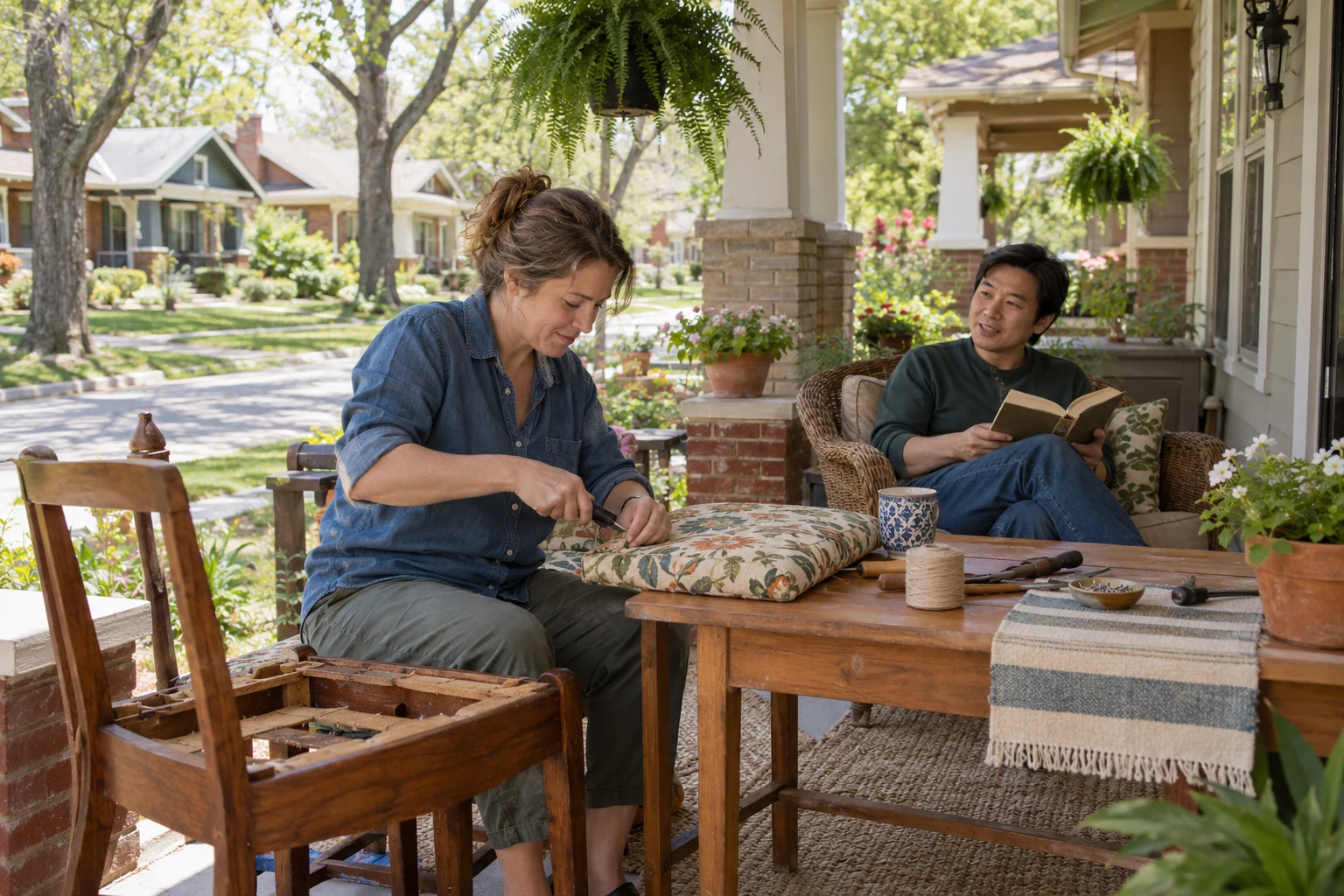 Room for a practical interest on a Tulsa porch One adult works on a fabric chair seat at a porch table while another sits nearby with an open book.