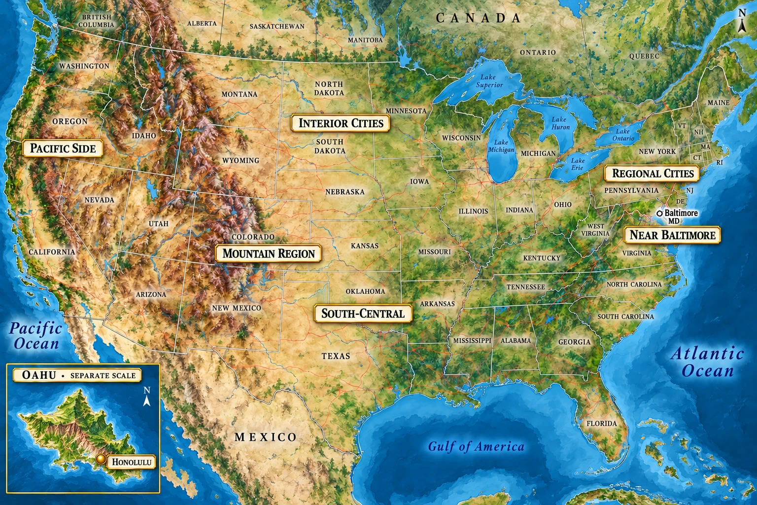 Six ways to widen the Baltimore comparison Relief atlas of the contiguous United States with broad destination regions, a Baltimore context point and a separate Oahu inset marking Honolulu.