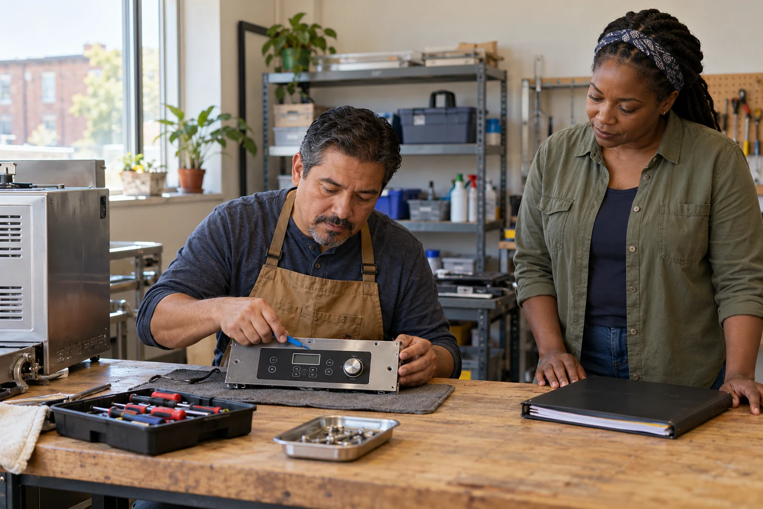 The working space a practical interest needs A man steadies an appliance control panel on a padded workbench while a woman stands beside a closed folder.