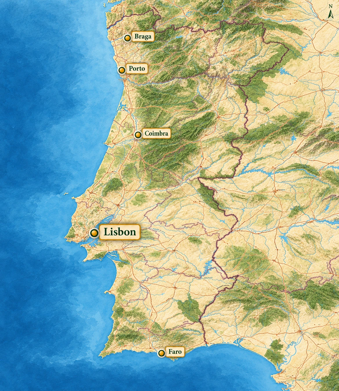 Relief atlas highlighting Lisbon beside the Tagus estuary, with Braga, Porto, Coimbra and Faro as other country horizons Relief atlas highlighting Lisbon beside the Tagus estuary, with Braga, Porto, Coimbra and Faro as other country horizons.