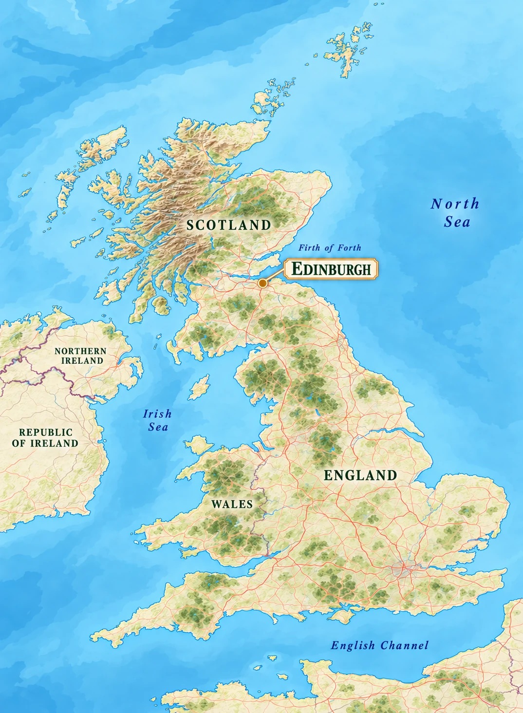 Relief atlas highlighting Edinburgh south of the Firth of Forth within Great Britain Relief atlas highlighting Edinburgh south of the Firth of Forth within Great Britain.
