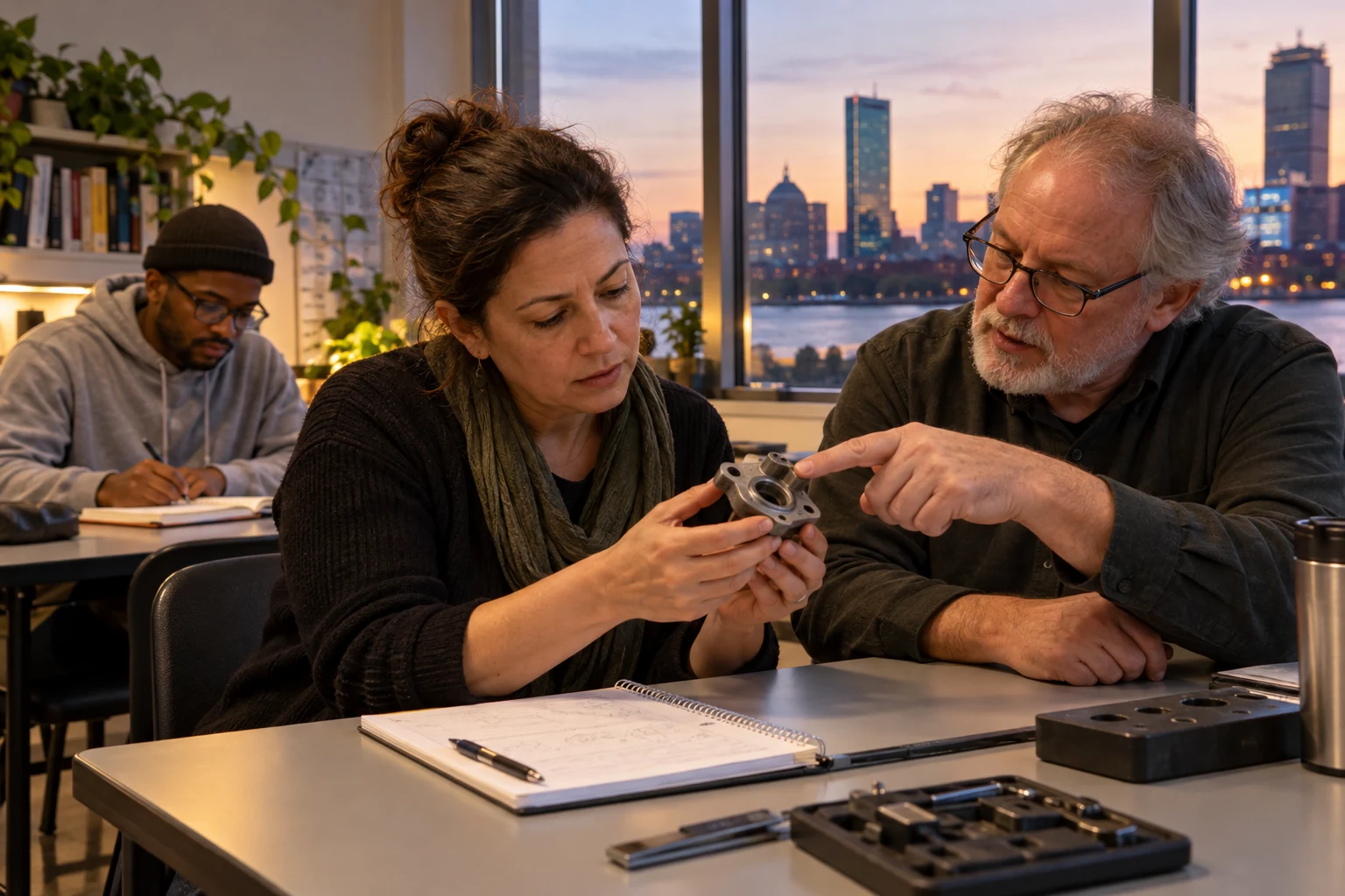 Preparing for a different working chapter Two adults examine a small metal component at a classroom desk while another adult writes at a separate desk behind them.