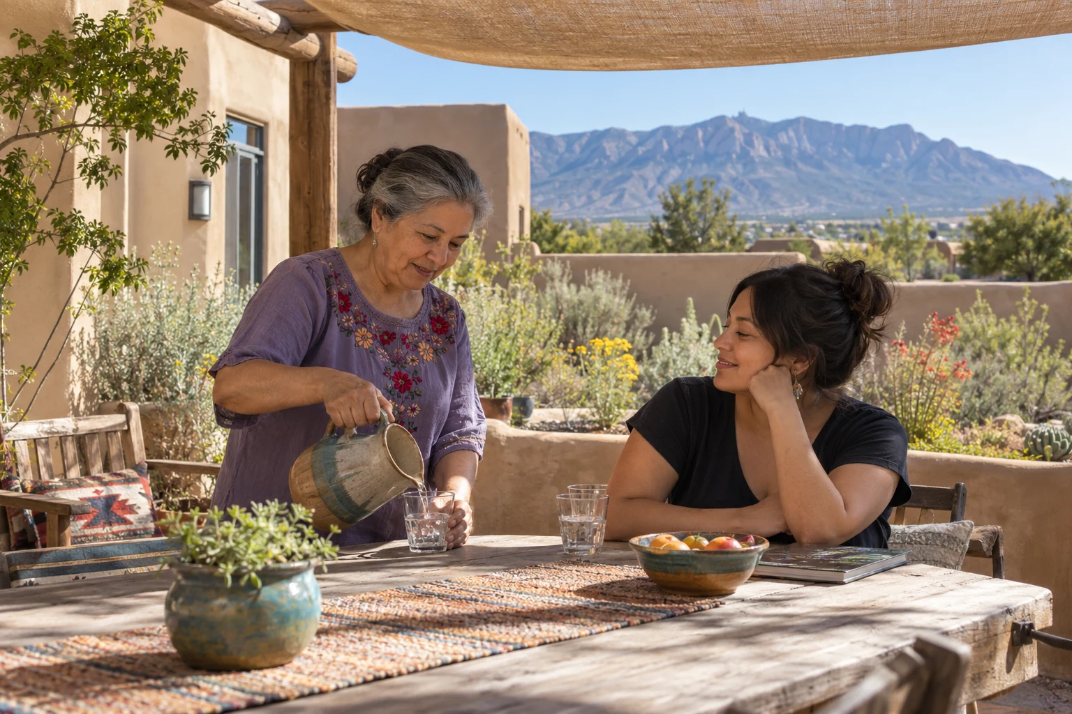 A shaded Albuquerque courtyard morning One woman pours water into a glass while another sits at a shaded table with fruit and a closed book, with stucco walls and a distant ridge beyond.