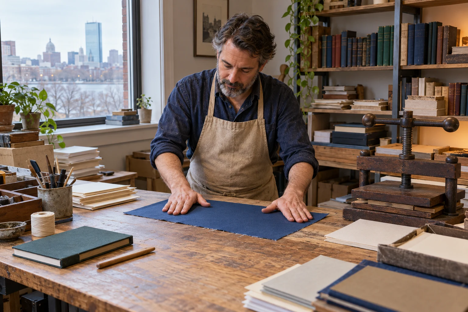 A work surface that can stay ready An adult in an apron smooths blue cloth on a wooden work table beside stacked paper, books and a closed manual press.