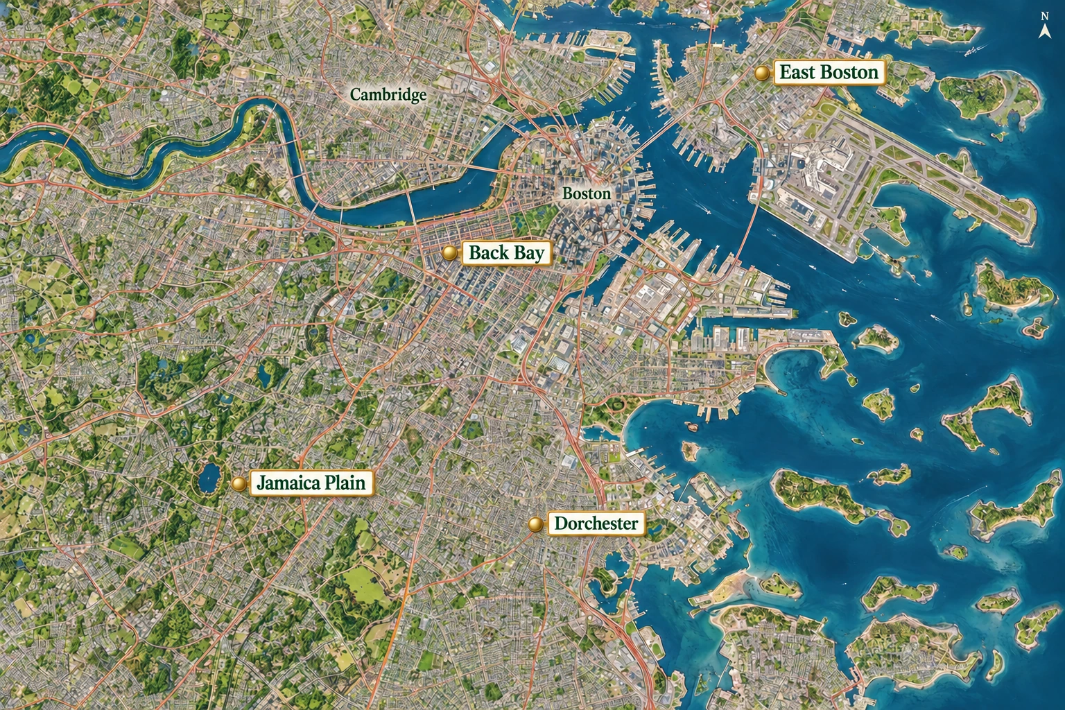 Boston: keep the connections that still work An atlas shows the Charles River, Boston Harbor and the labelled areas of Back Bay, Cambridge, Jamaica Plain and Dorchester.