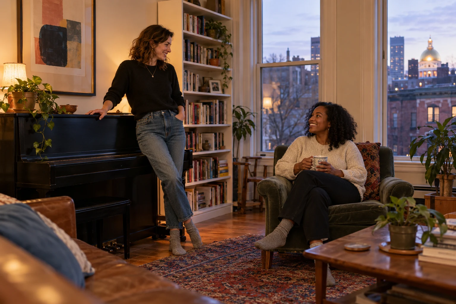 Keep an evening that already works One woman rests a hand on a closed piano while another sits in an armchair holding a mug beside tall windows and bookshelves.
