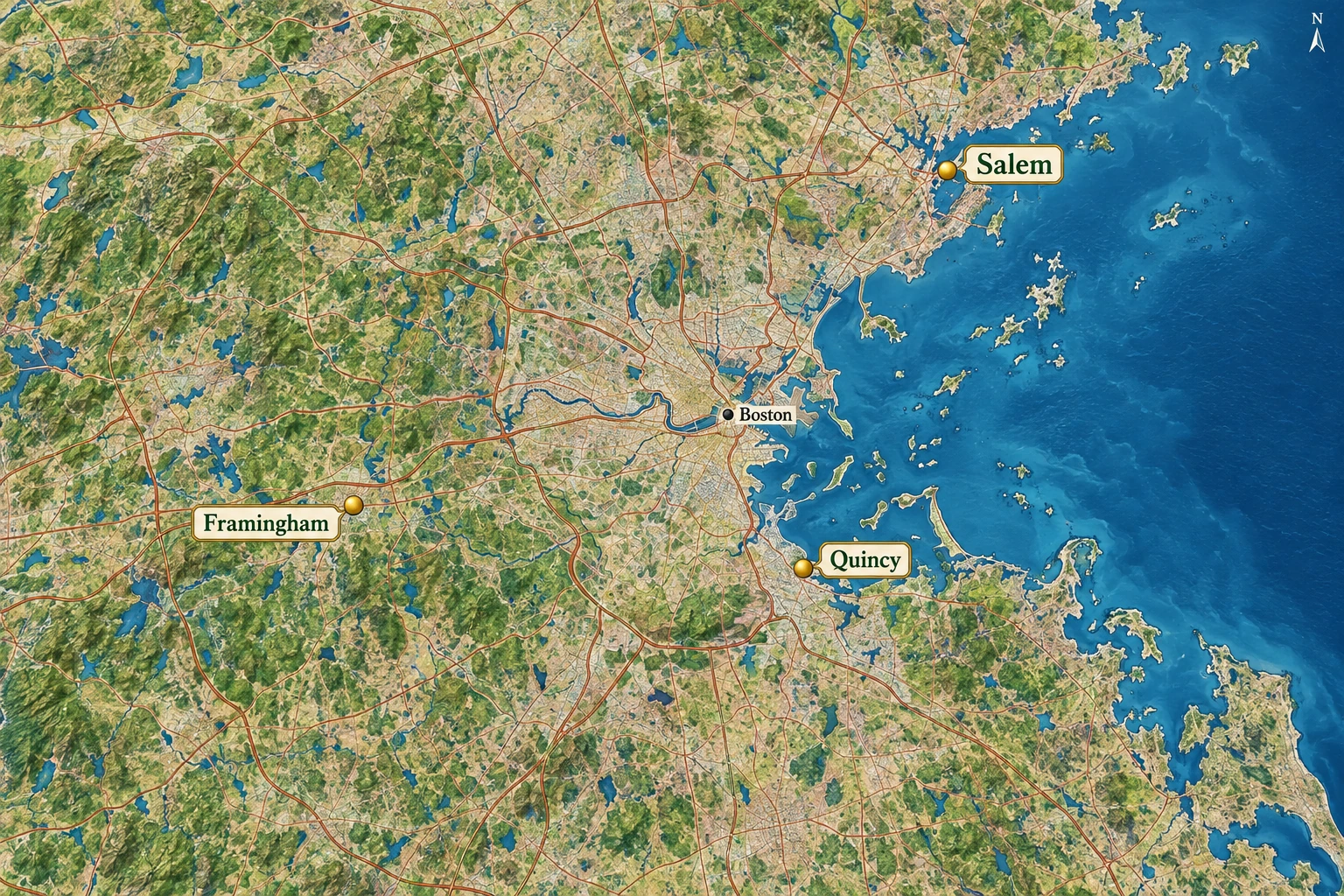 Three nearby beginnings from Boston A regional map places Framingham west of Boston, Quincy beside the bay to the south and Salem on the coast to the northeast.