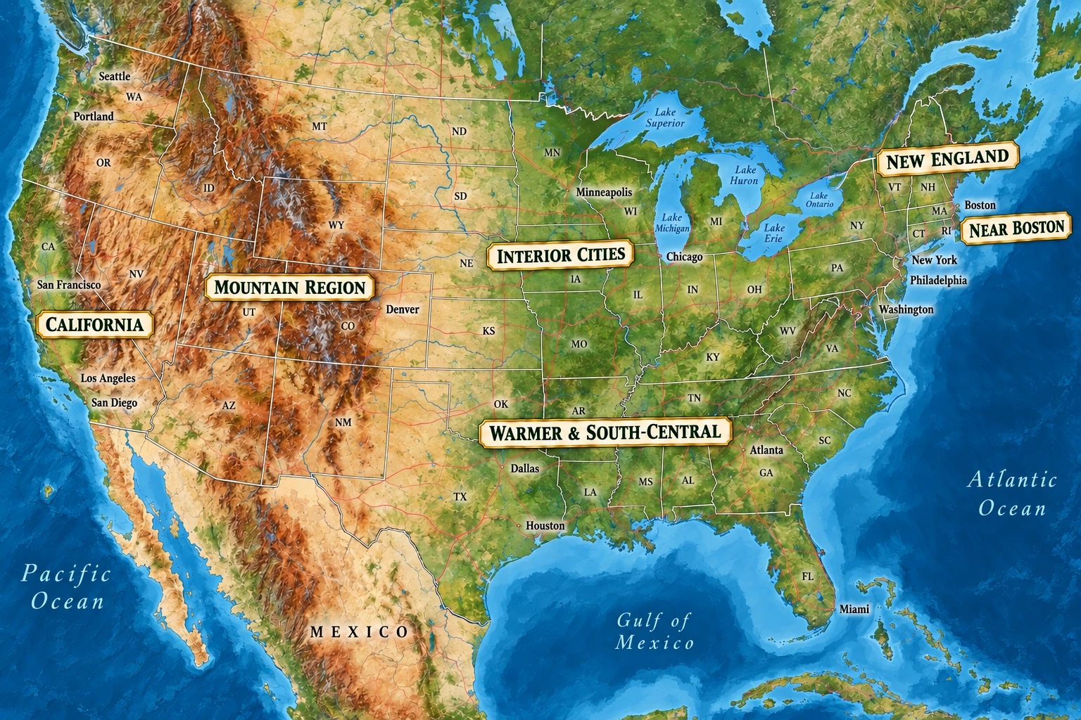 Six US horizons for a different ordinary week A continental US atlas labels Near Boston, New England, Warmer & South-Central, Interior Cities, Mountain Region and California across their corresponding areas.