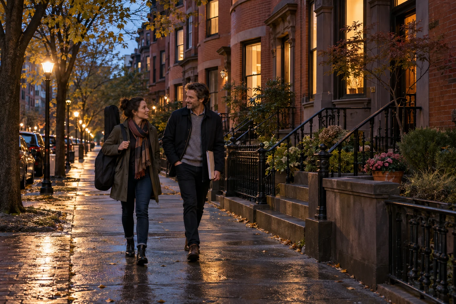 Coming home along a Boston rowhouse street Two adults carrying a dark bag and a slim portfolio walk beside brick rowhouses on a wet autumn evening.