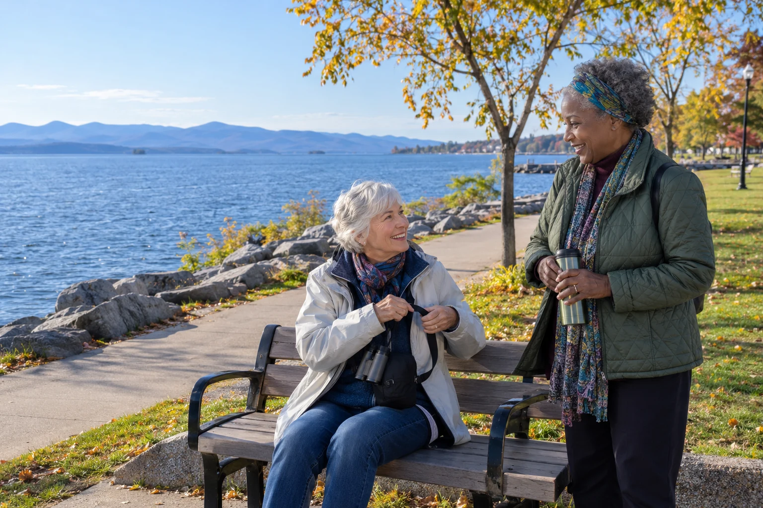 A lakeside conversation in Burlington One woman sits on a bench with binoculars while another stands holding a thermos beside a broad lake and distant low ridges.