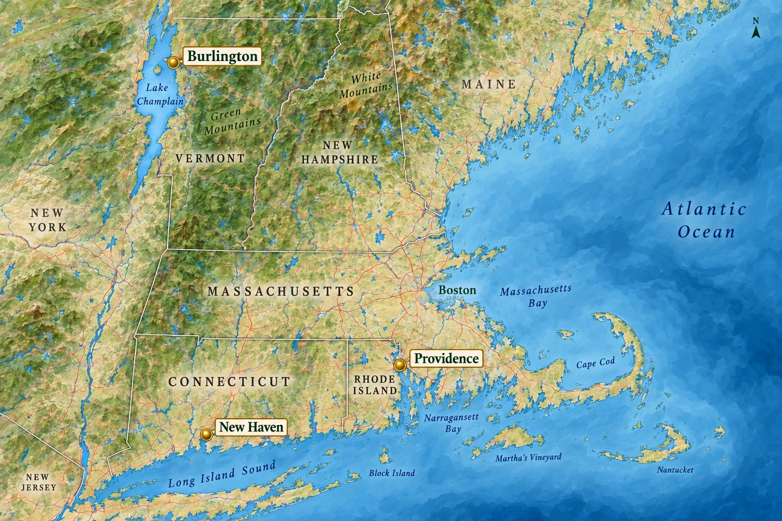 Burlington, Providence and New Haven An atlas places Burlington beside Lake Champlain, New Haven on the north shore of Long Island Sound and Providence at the head of Narragansett Bay.