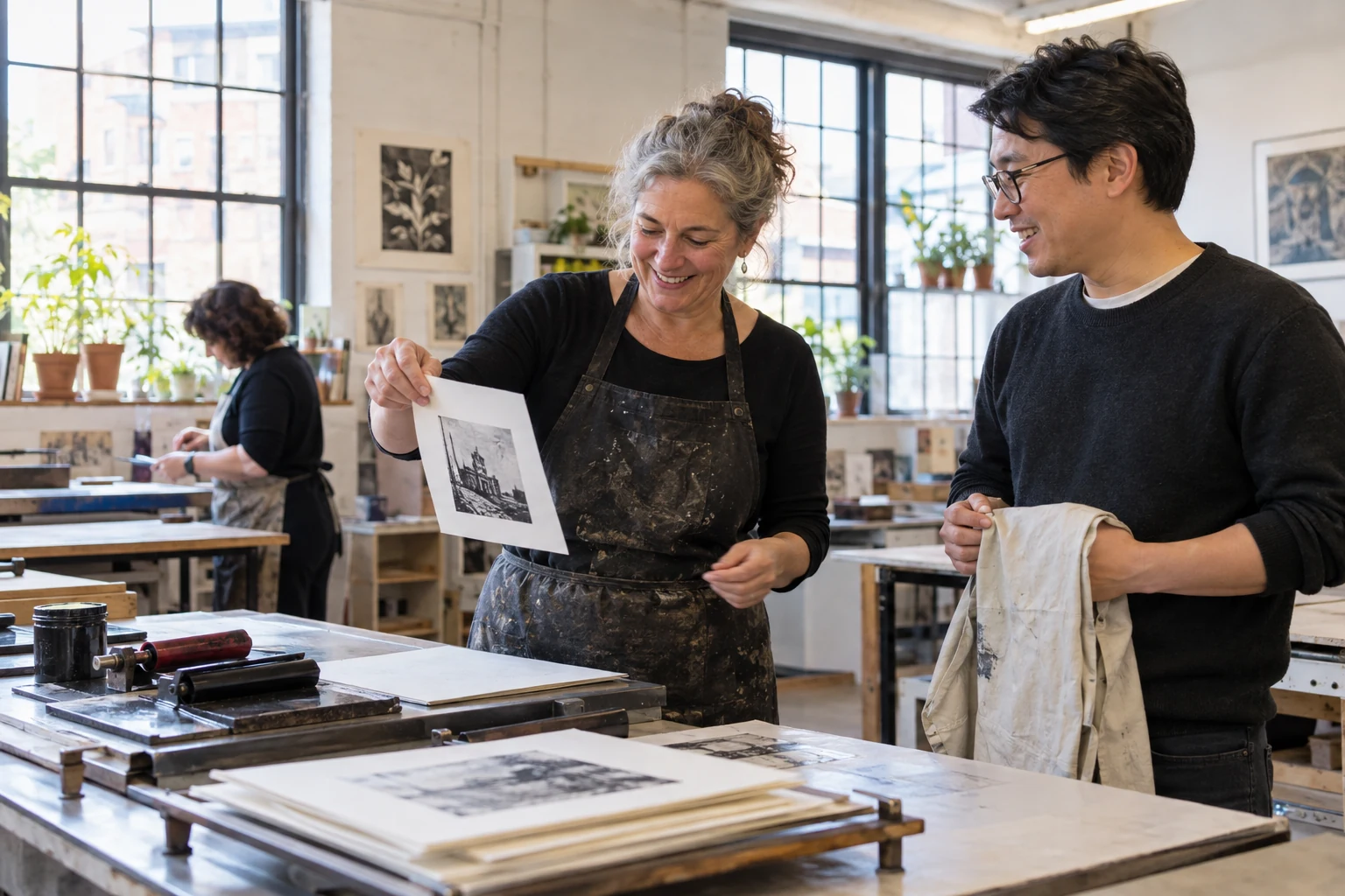 A recurring class begins to feel familiar One adult lifts a small paper print while another holds a folded apron beside a studio table, with a third person working farther back.