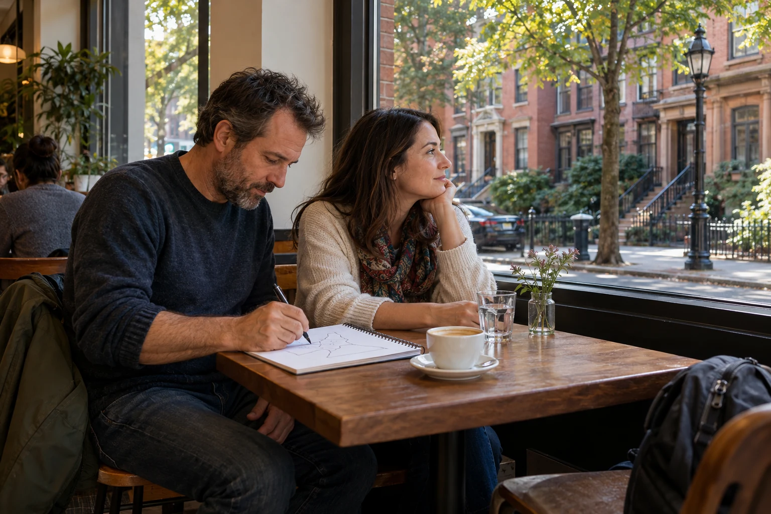 Give the comparison visit one useful question One adult draws in an open notebook while another looks through a cafe window toward a residential street, with drinks and a daypack nearby.