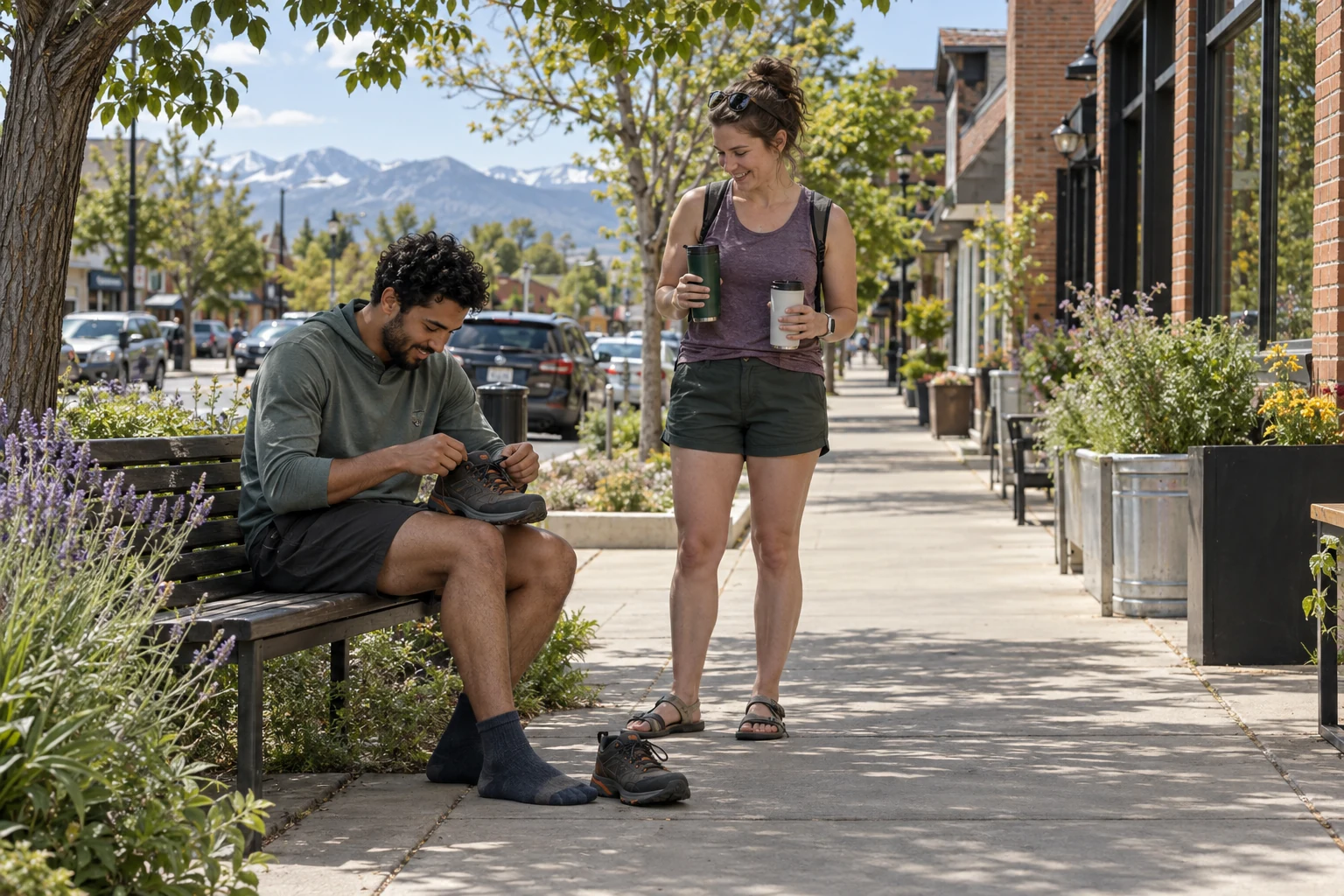 A small repair before a Denver outing A seated adult adjusts the laces of a detached walking shoe while a companion stands holding two cups beside a tree-lined street.
