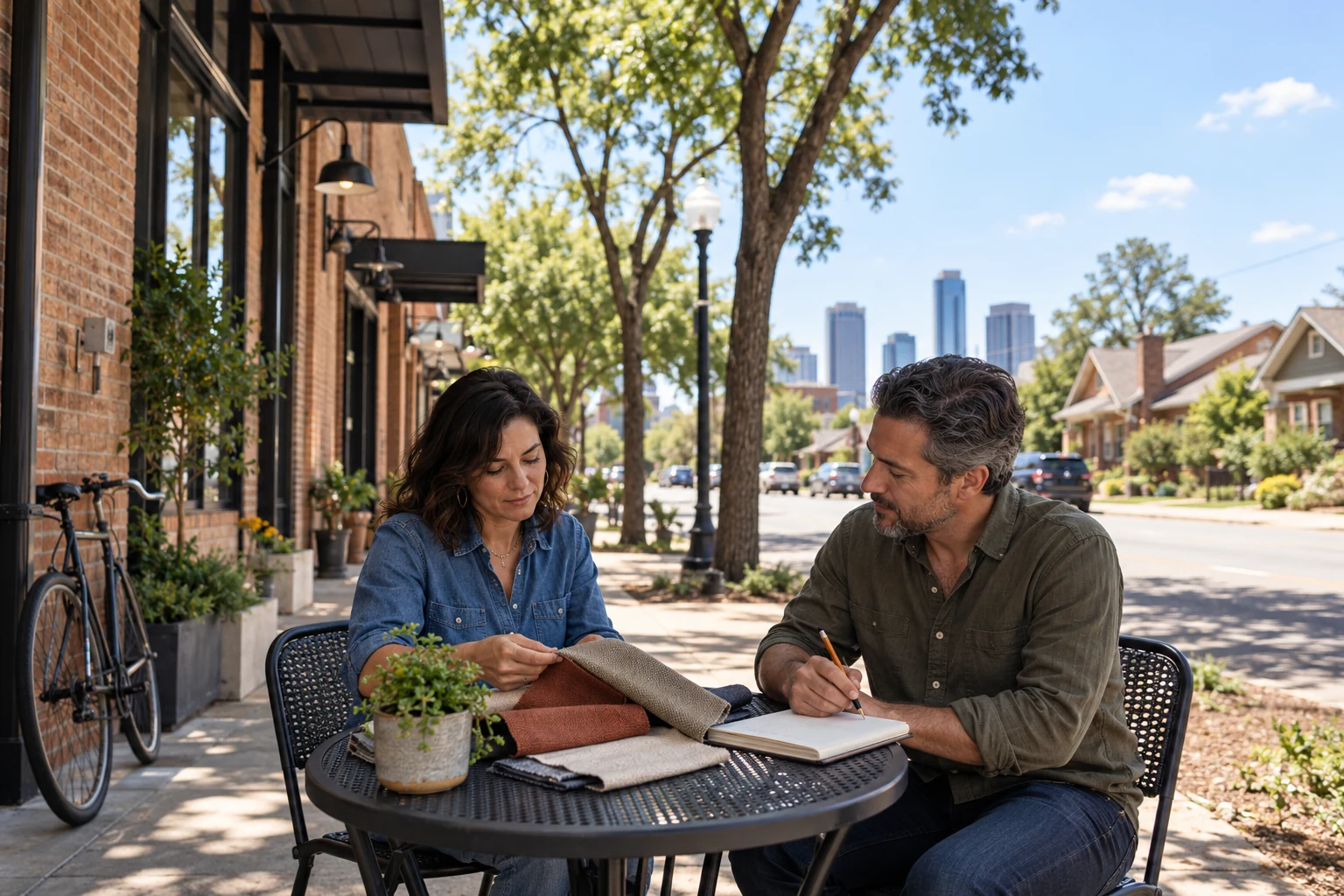 Preparing an idea at a Fort Worth sidewalk table Two adults compare fabric samples and make a note at a shaded outdoor table beside low brick shops.