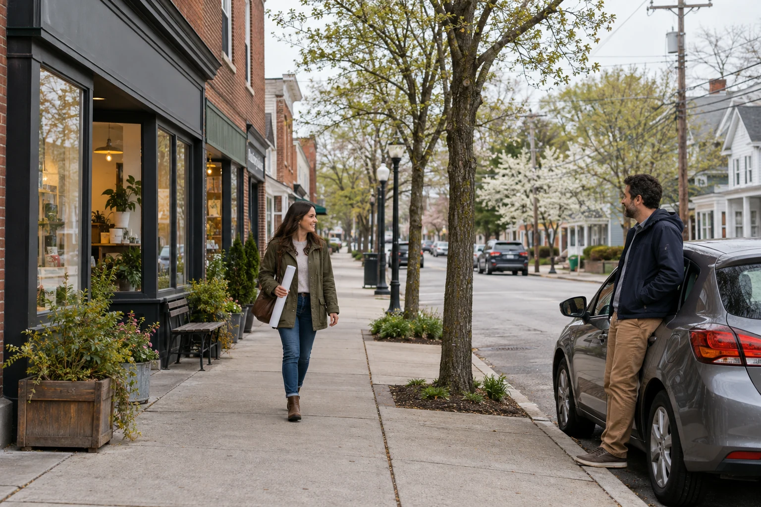 A conversation beside a Framingham shopfront A woman carrying a roll of paper approaches a man beside a parked car on a tree-lined street of shops and houses.