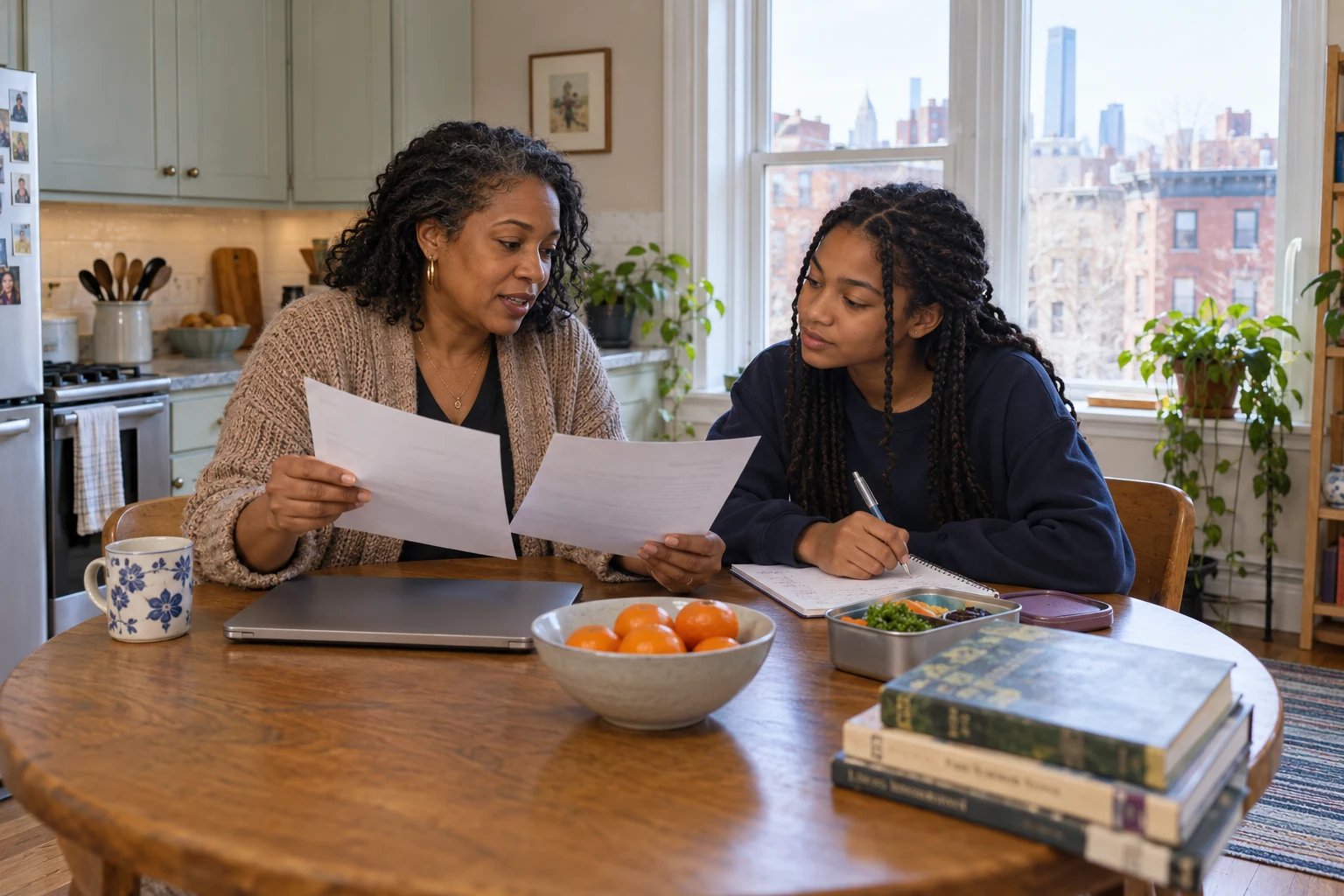 Comparing the household month at the kitchen table Two people compare sheets of paper and write in a notebook beside a closed laptop, fruit bowl and lunch container.