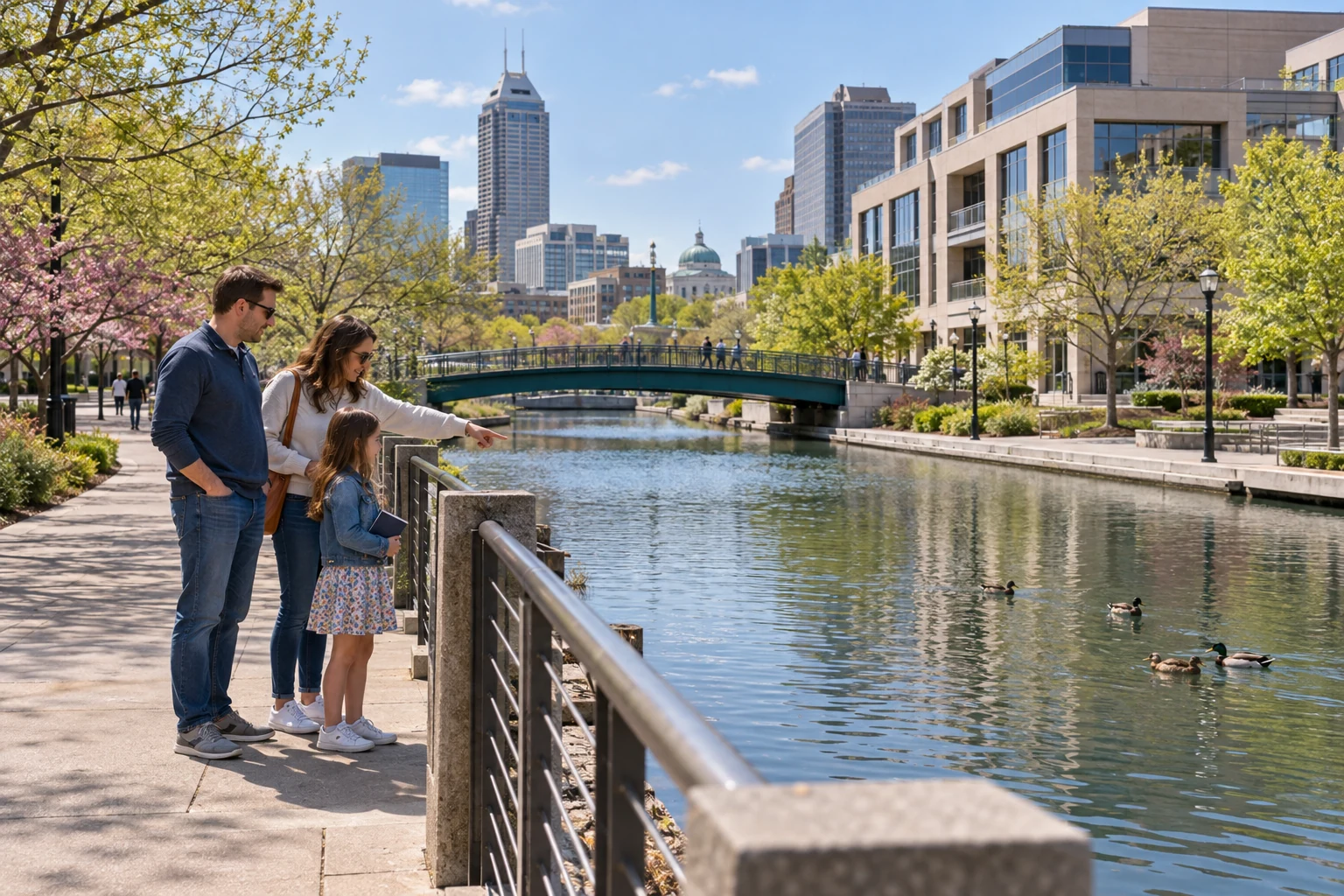 An Indianapolis canal-side afternoon Two adults and a child stand beside a canal railing, with a small notebook, ducks on the water and a pedestrian bridge beyond.