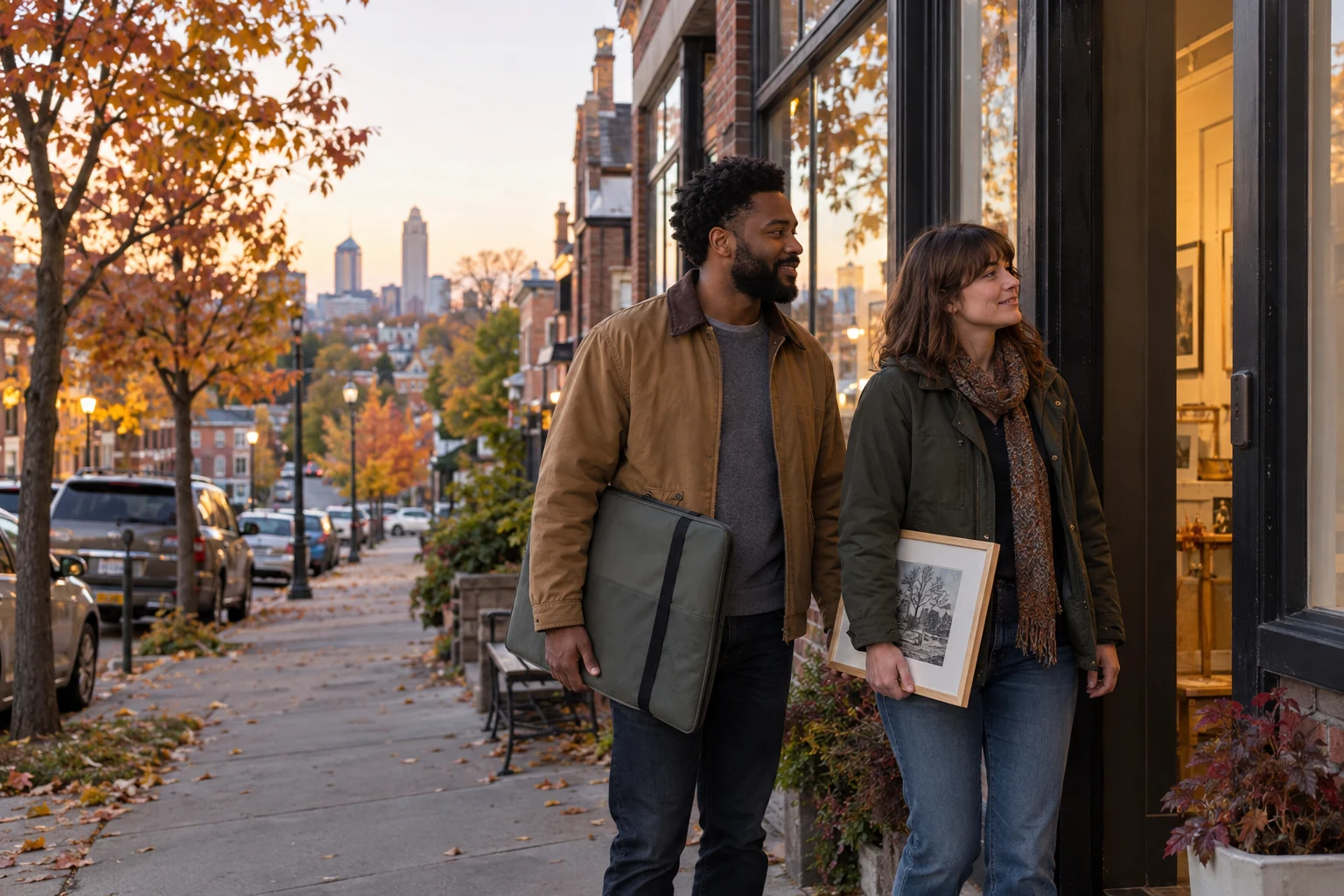 After a studio session in Kansas City Two adults stand outside a studio doorway carrying a framed print and a flat fabric case on a leafy urban street.