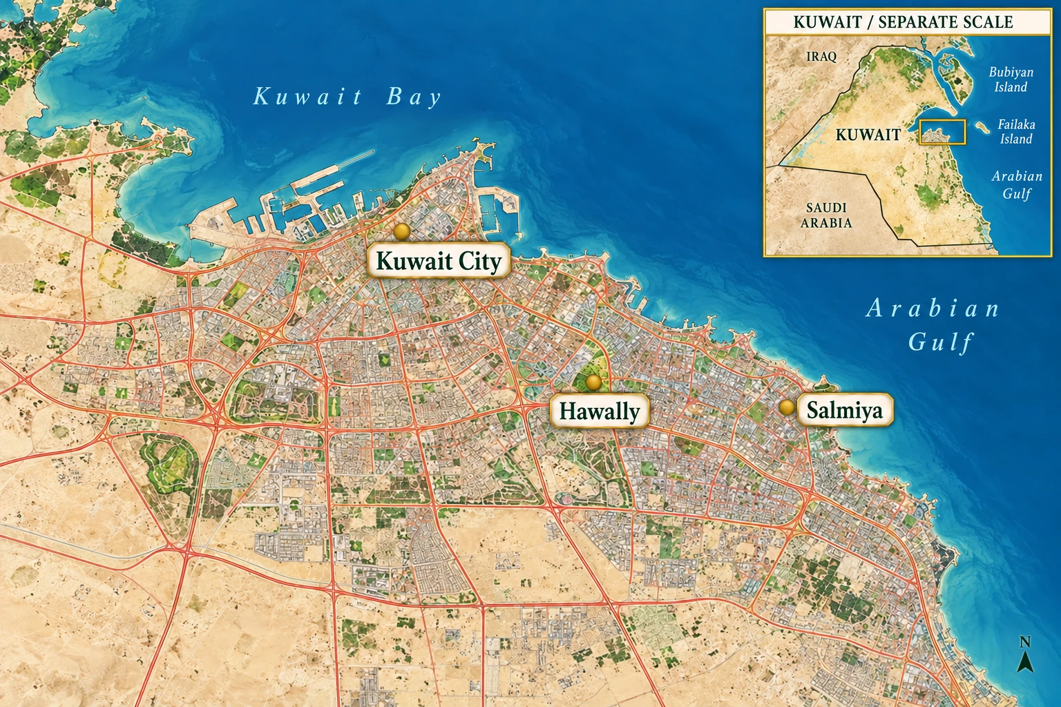 Kuwait City, Hawally and Salmiya A close urban atlas places Kuwait City northwest of Hawally and Salmiya, with Hawally inland and Salmiya nearer the coast; a separate country locator shows the wider setting.