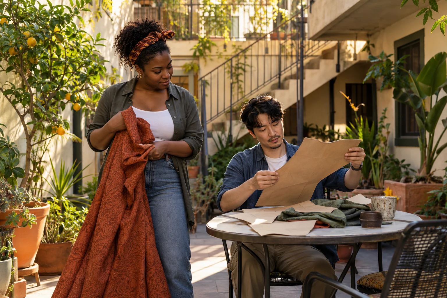 Preparing a project in a Los Angeles courtyard One adult holds patterned fabric while another examines a large plain pattern piece at a courtyard table beside citrus plants.