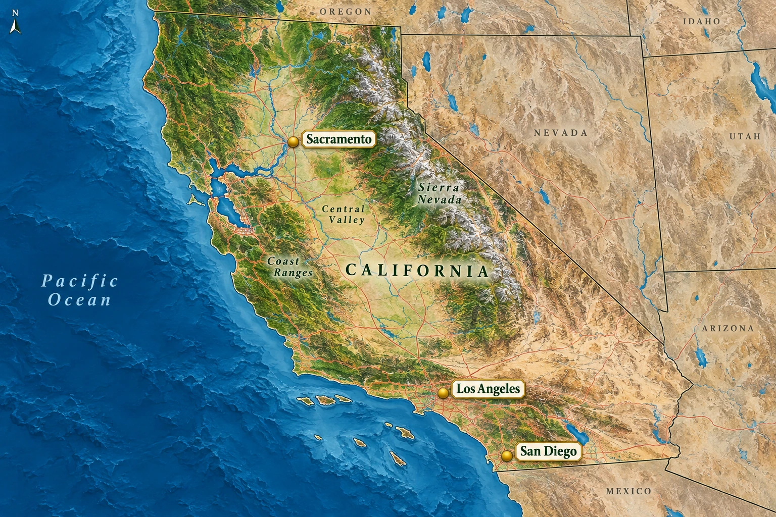 Los Angeles, Sacramento and San Diego A California atlas places Sacramento inland northeast of San Francisco Bay, with Los Angeles and San Diego farther south by the Pacific.