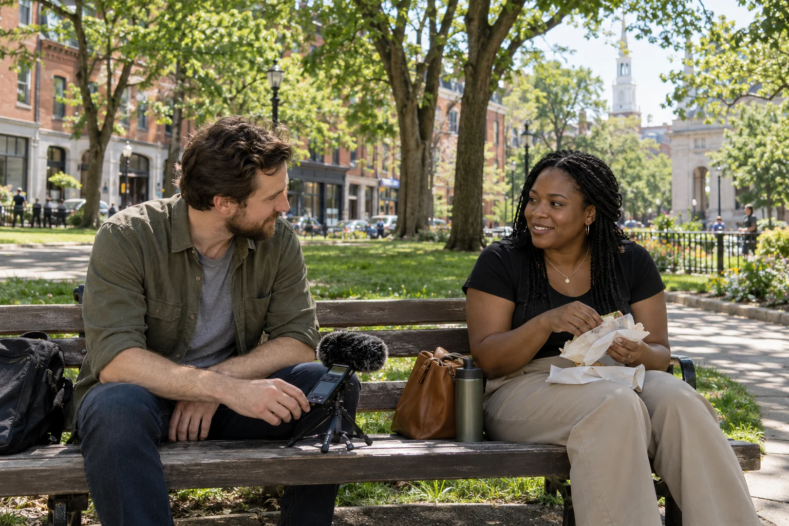 A New Haven lunch break beside the green Two adults sit on a shaded bench with a small audio recorder and a wrapped sandwich, with brick buildings and a white church beyond.