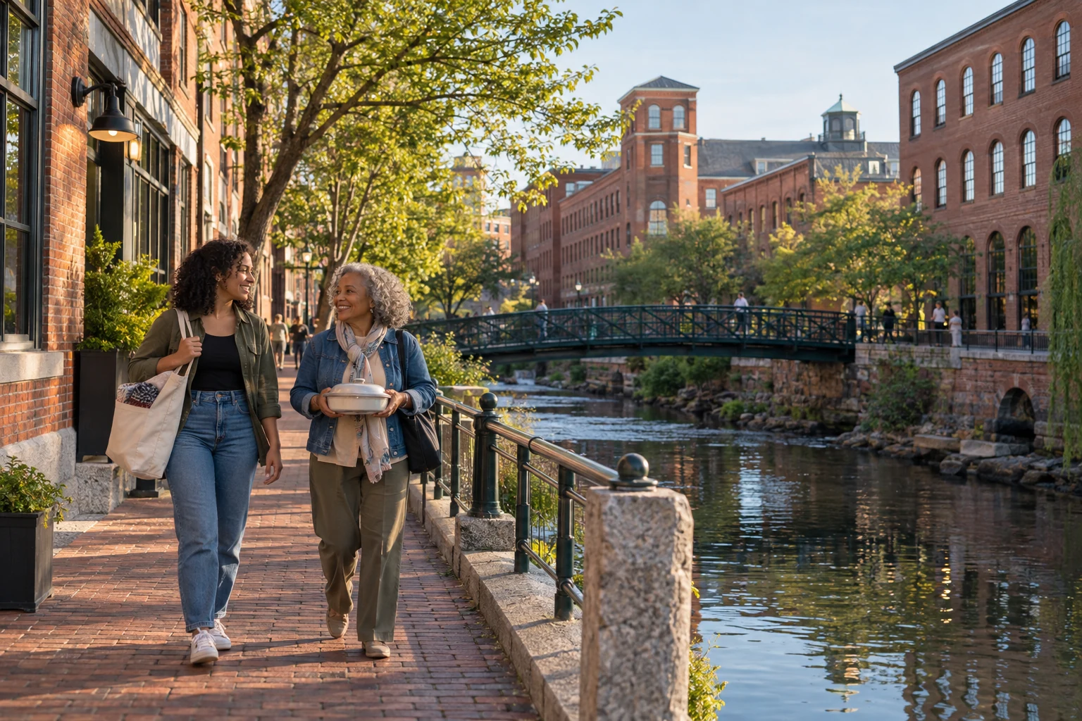 An evening walk through a Providence mill setting Two women walk beside brick industrial buildings and a narrow river, carrying a cloth tote and a covered dish.