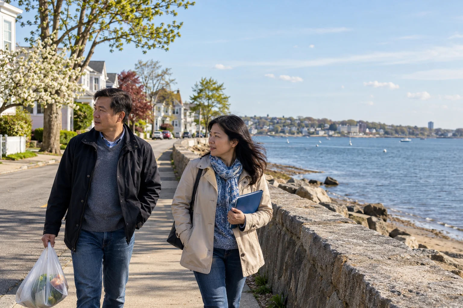 A weekday pause beside Quincy Bay Two adults carrying a grocery bag and blue notebook walk beside a stone seawall, with houses and broad bay water beyond.