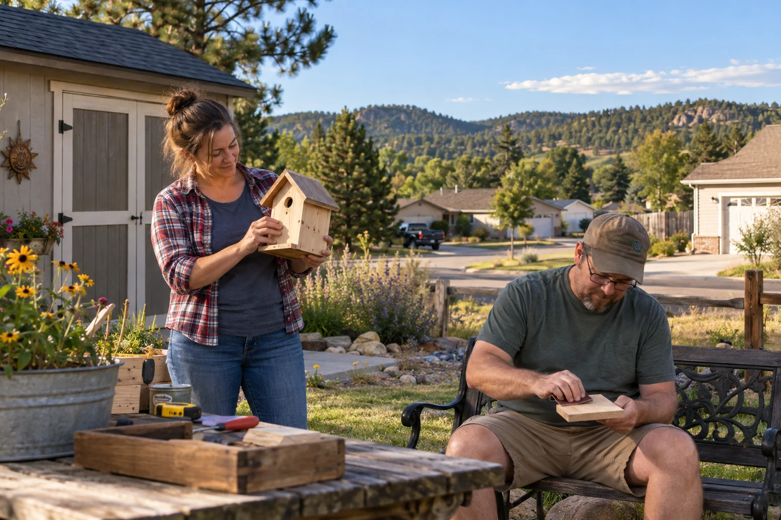 Time for a small project in Rapid City A standing woman holds a wooden birdhouse while a seated man sands a small board, with low pine-covered hills behind nearby homes.