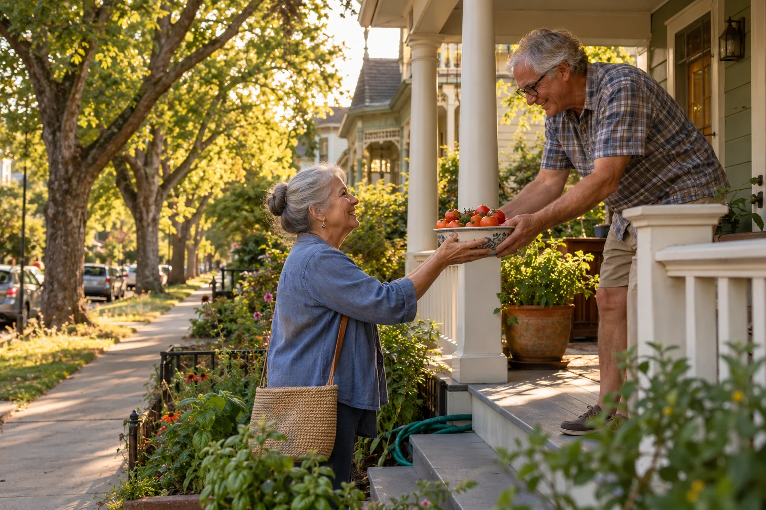 Sharing a bowl from a Sacramento garden An older man and woman hold a bowl of tomatoes between them at a porch step on a leafy residential street.