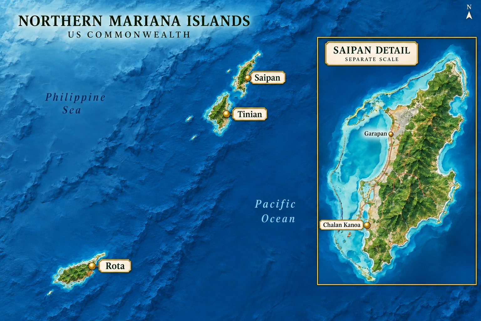 Saipan and the southern Northern Mariana Islands An island atlas shows Saipan close north of Tinian, Rota farther south, and a separate Saipan detail with Garapan and Chalan Kanoa on its west coast.
