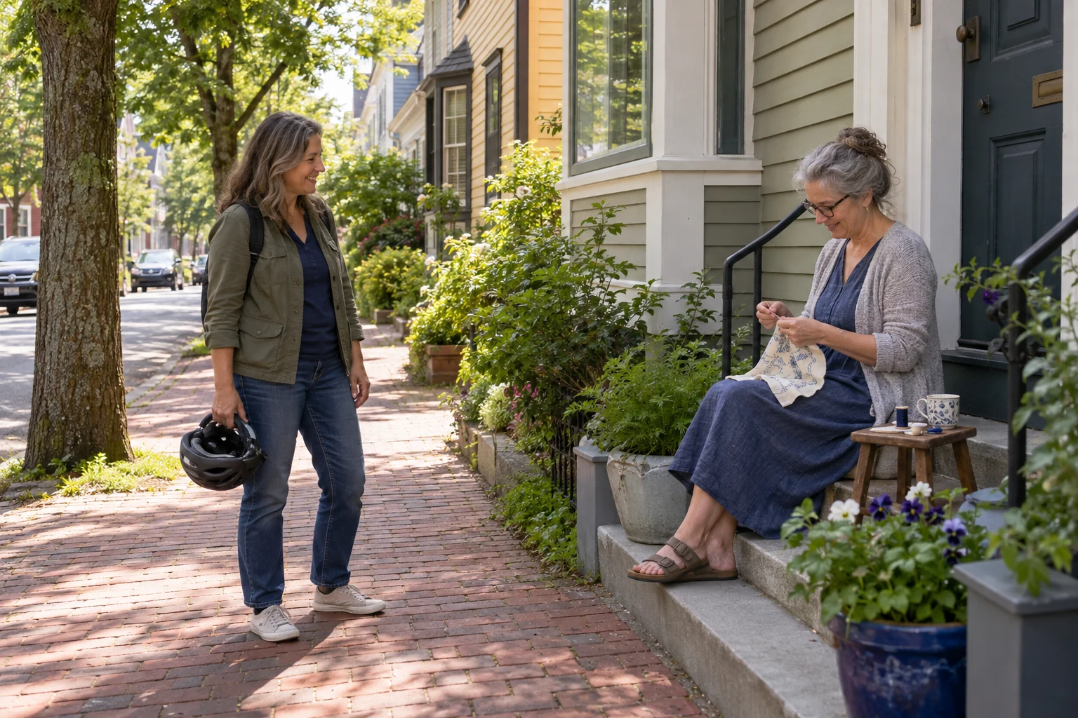 An ordinary afternoon on a Salem stoop A seated woman sews a small piece of fabric on a front step while another woman stands nearby holding a cycle helmet.