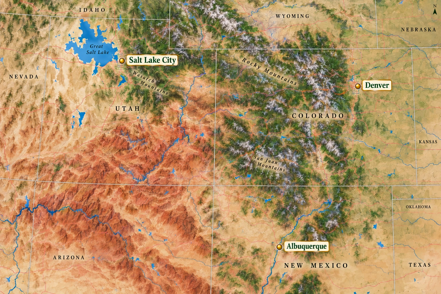 Salt Lake City, Albuquerque and Denver A western inland atlas shows Salt Lake City beside the Wasatch setting, Albuquerque by the Sandia landscape and Denver on the eastern side of the Rockies.