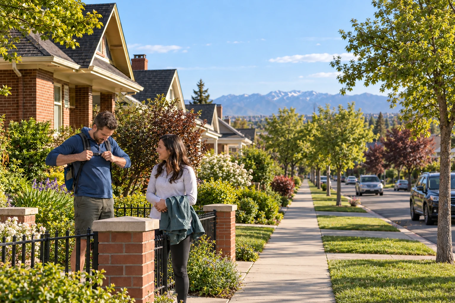 A Salt Lake City morning beside the front gate Two adults pause beside a brick garden gate, one adjusting a daypack buckle, with a level residential street and distant mountain ridge beyond.