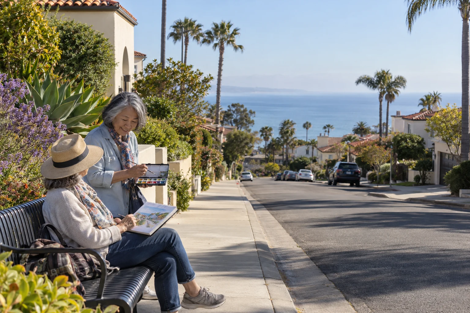 A San Diego morning with time to paint One woman stands with a watercolor box while another sits with an open sketchbook beside a gently sloping street and distant ocean.