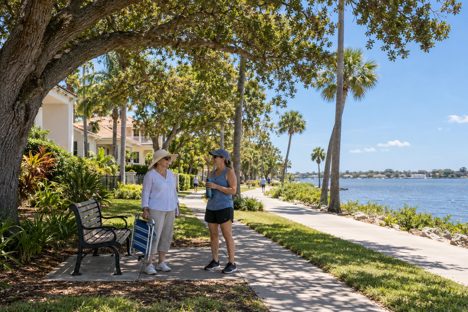 Finding shade on a Tampa afternoon Two women talk beneath a large tree beside a bench, one holding a folded chair and the other a water bottle, with bay water beyond.