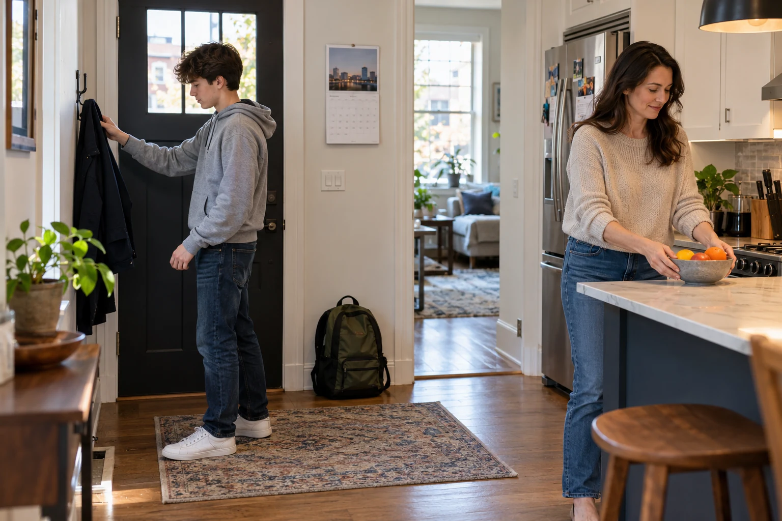 An afternoon that leaves room for independence A teenager hangs a jacket beside the front door while an adult places a fruit bowl on a nearby kitchen counter.