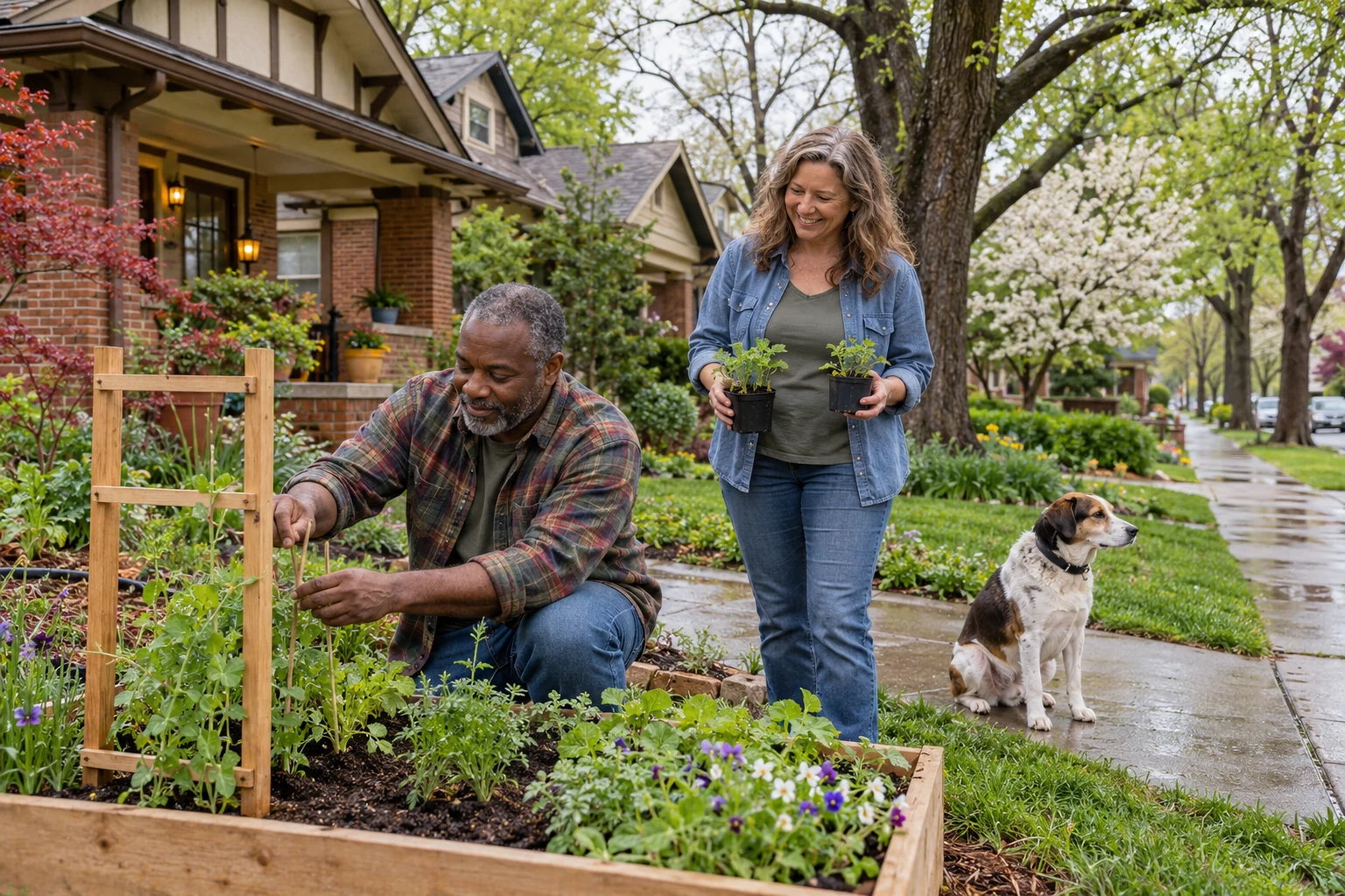 A small garden task in Tulsa One adult kneels to adjust a wooden plant support while another holds two seedling pots, with a dog sitting nearby.