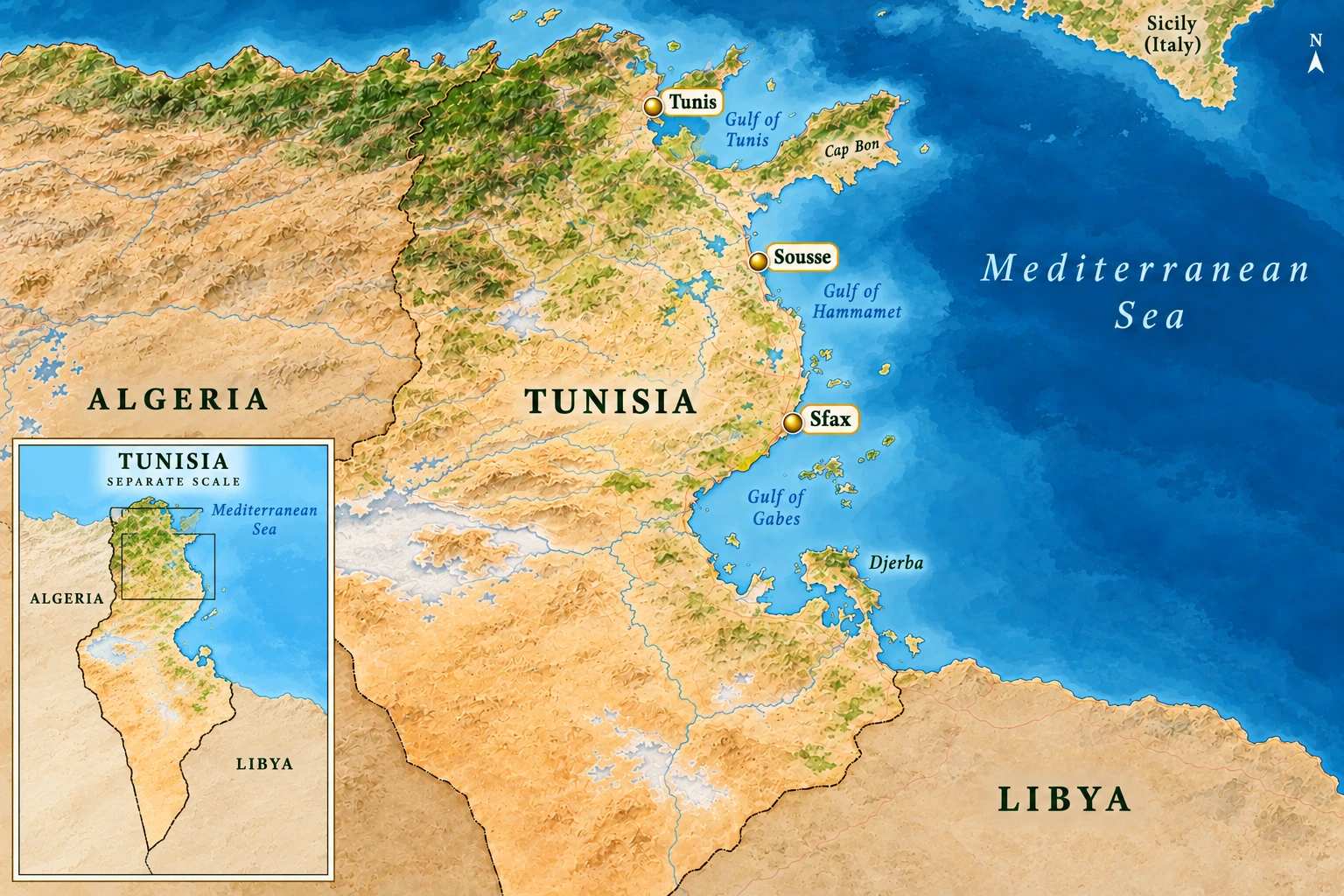 Tunis, Sousse and Sfax along the Tunisian coast A coastal atlas places Tunis by a small lagoon west of the Gulf of Tunis, Sousse farther south and Sfax farther southeast, with a separate full-country locator.