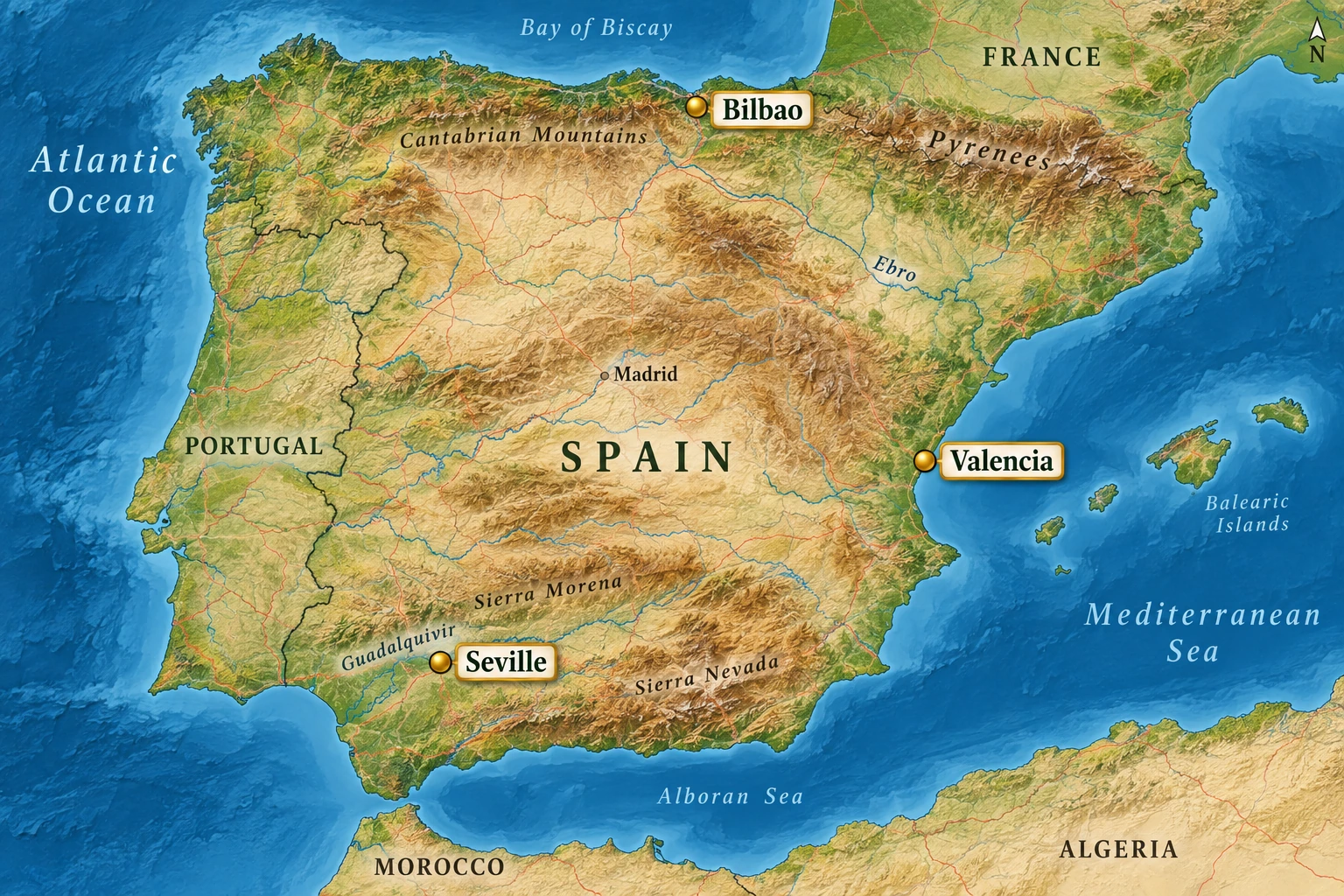 Valencia, Bilbao and Seville An atlas of Spain marks Bilbao on the northern coast, Valencia on the eastern Mediterranean coast and Seville inland in the southwest.