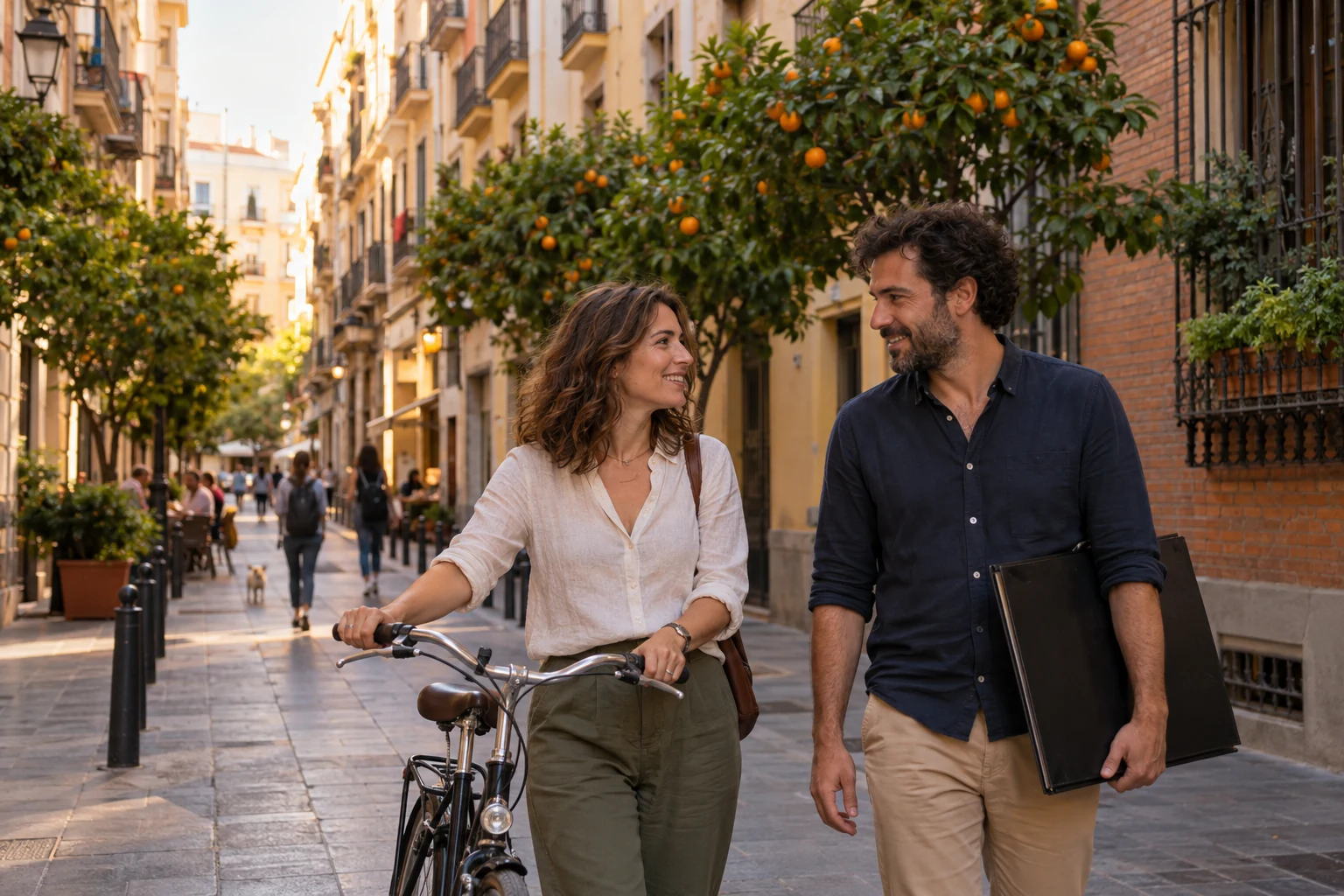 An ordinary evening on a Valencia side street A woman holds a bicycle beside a man carrying a flat portfolio on a residential street with balconies and orange trees.