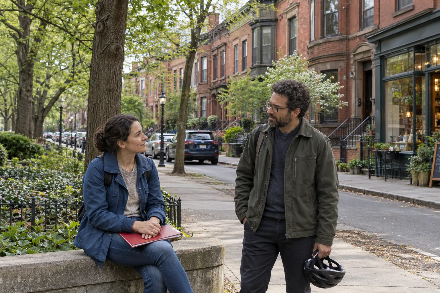An Albany pause between work and learning A seated woman rests her hands on a red folder while a standing man holds a bicycle helmet beside a tree-lined street of brick townhouses.