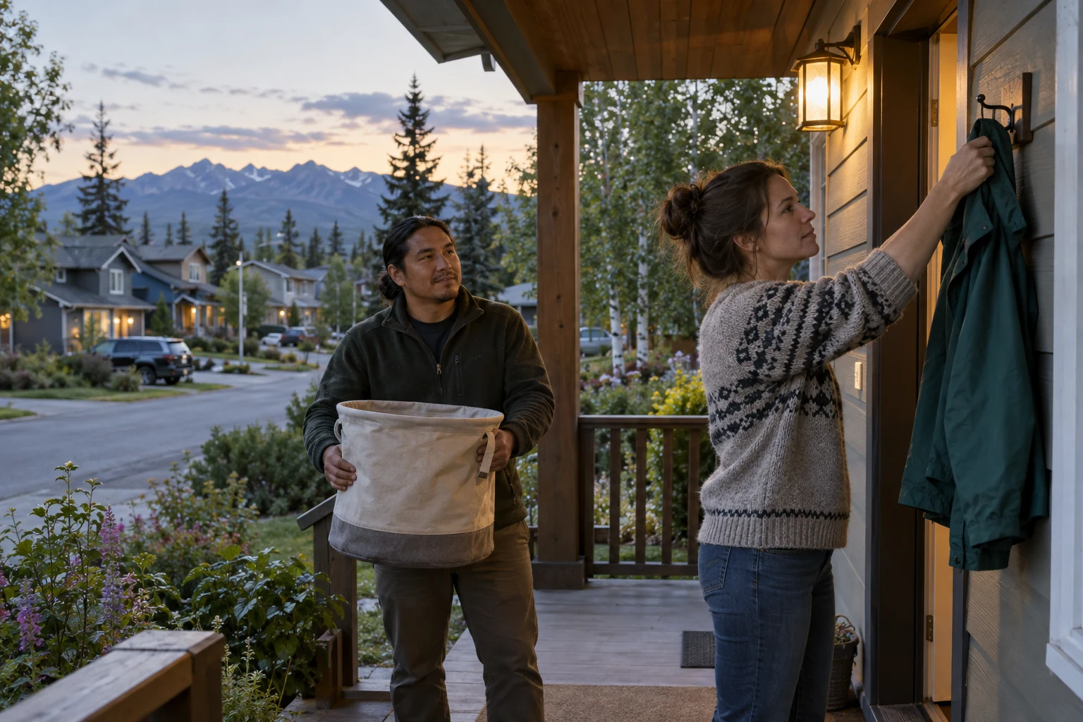 An Anchorage evening preparing for tomorrow A woman hangs a rain jacket on a wall hook while a man holds a canvas laundry basket beside a covered timber porch.