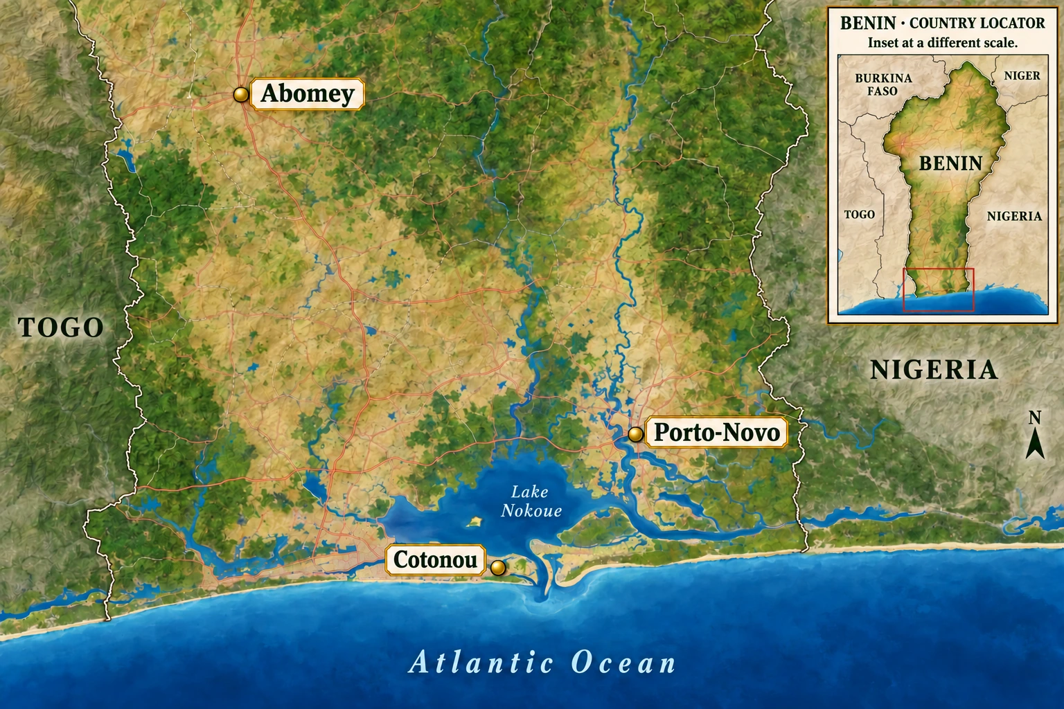 Porto-Novo and two different Beninese horizons A southern Benin atlas marks Porto-Novo inland beside the lagoon system, Cotonou on the coastal strip near Lake Nokoue’s outlet and Abomey farther northwest inland.