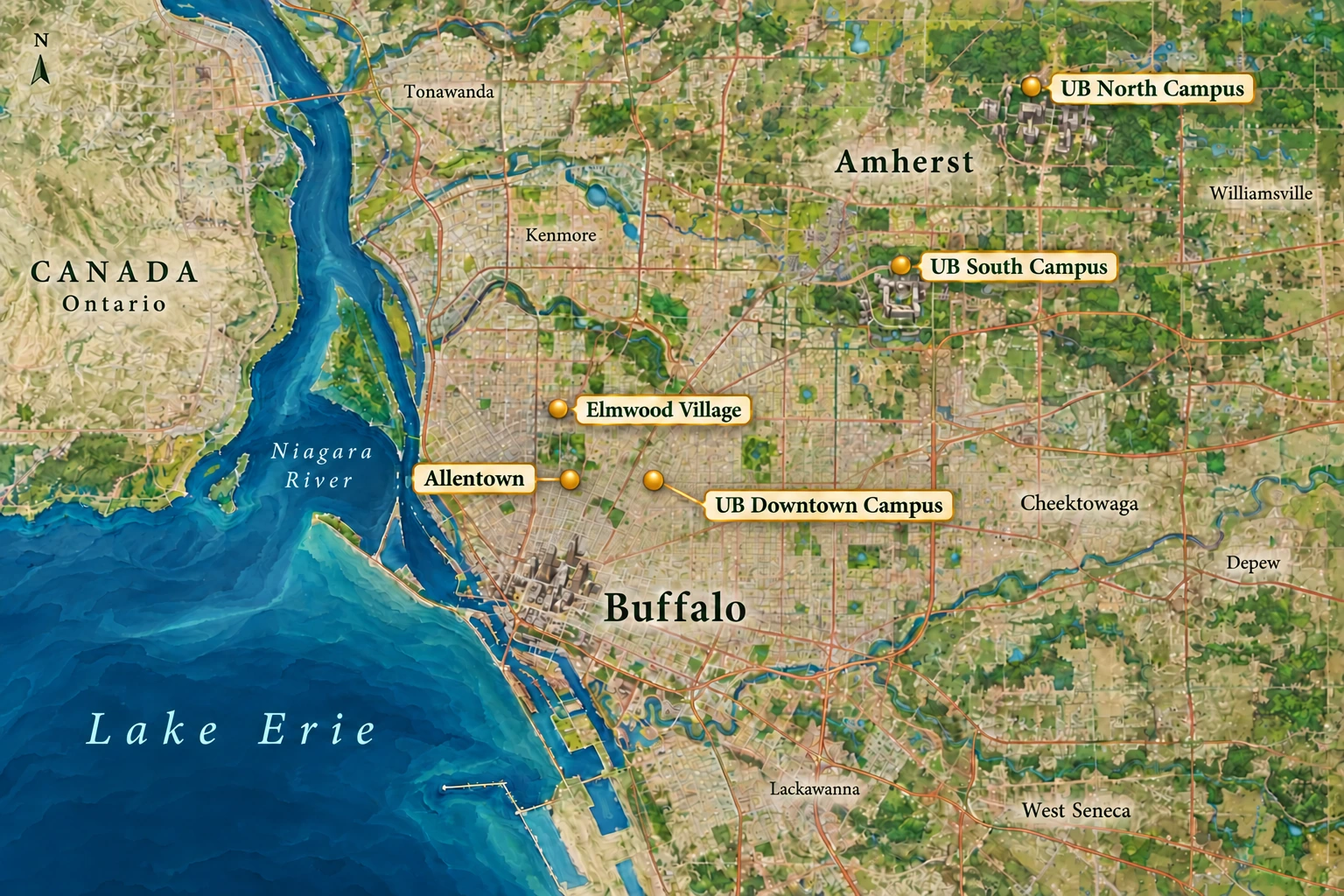 The Buffalo connections a different home should keep A north-up Buffalo atlas marks Elmwood Village, Allentown and the UB Downtown, South and North campuses, with Lake Erie southwest and the Niagara River north.
